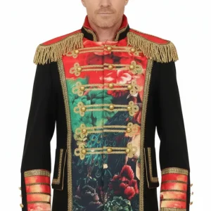 Carnavalsjas Heren zwart met bloemen en pauwenveren